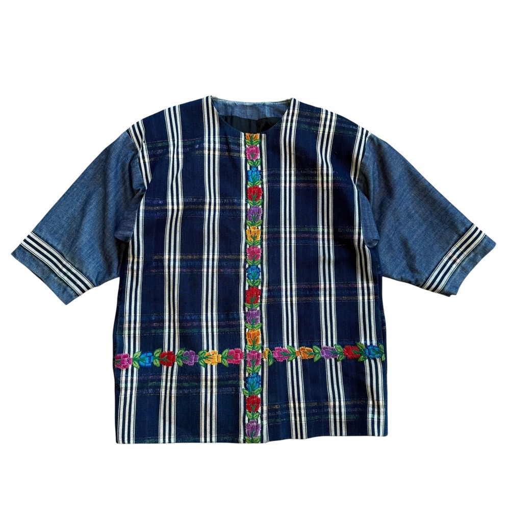 Artisanal Indigo Striped Floral Embroidered Tunic Top Denim‎ Sleeves Boho Tunic